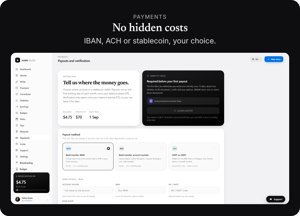 Payments — IBAN, ACH or stablecoin, with no hidden costs.