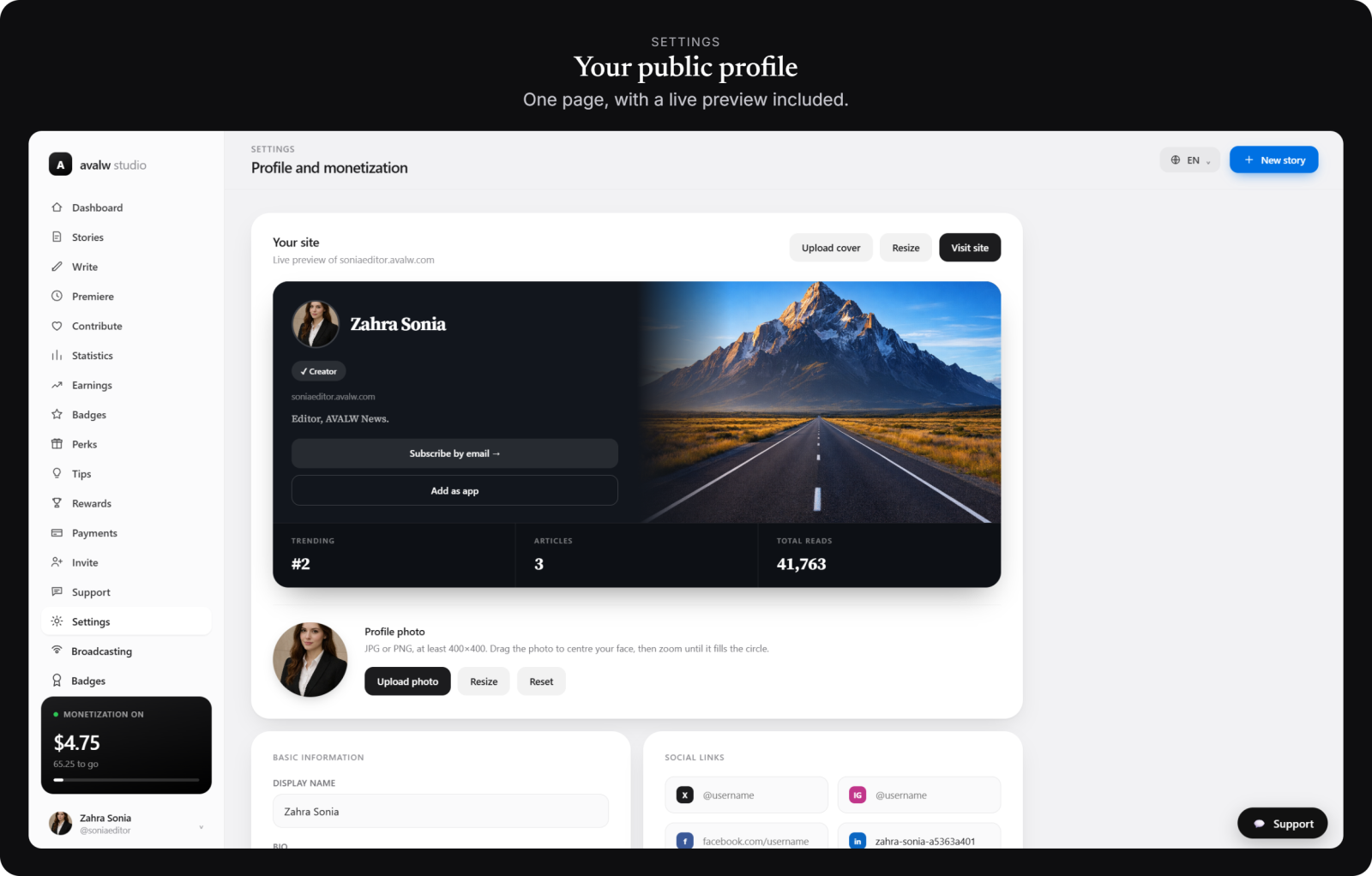 Your public profile — one clean page, with a live preview.