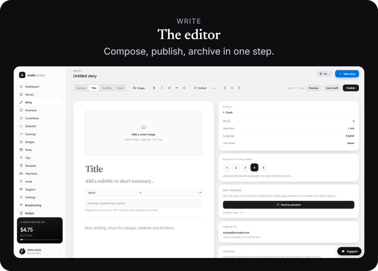 Write — compose, publish and archive in a single step.