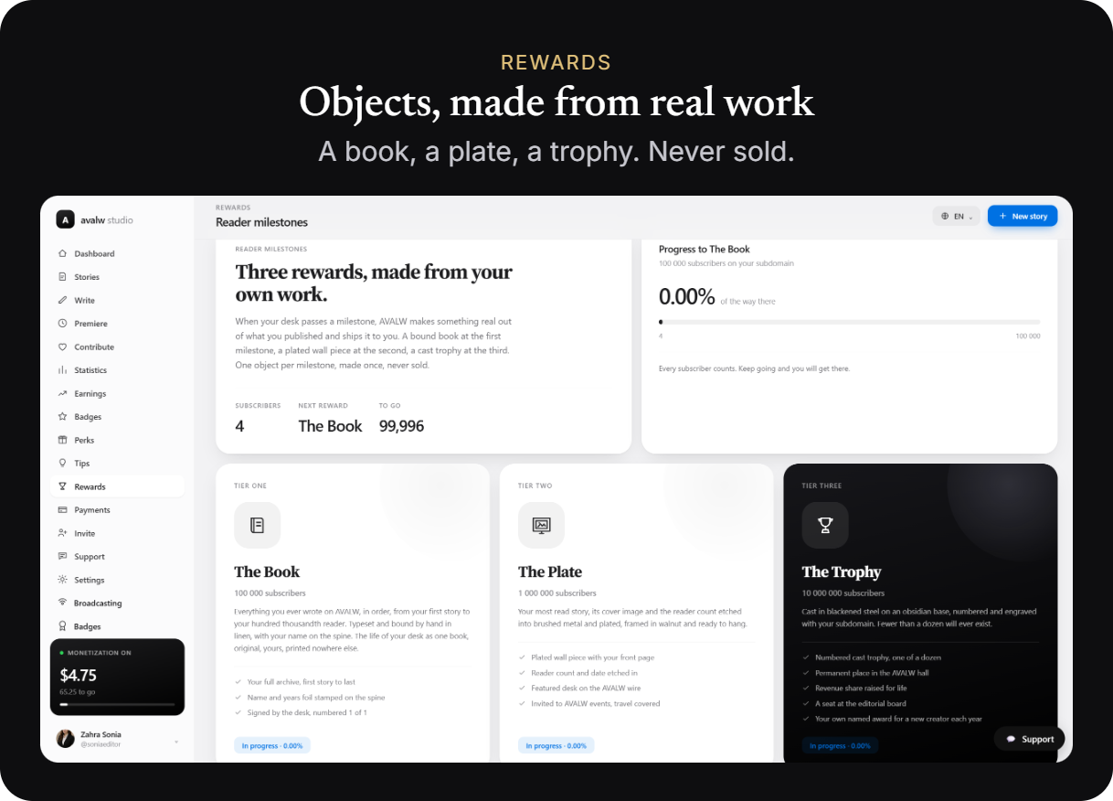 Rewards — physical objects made from an account’s real work.