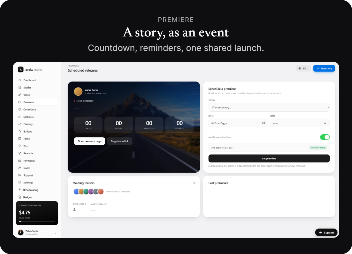 Premiere — turn a story into an event with a live countdown.