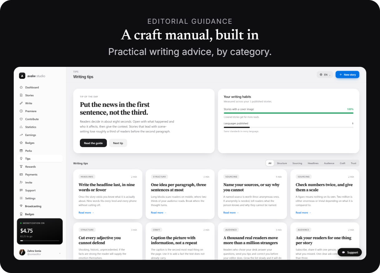 Editorial guidance — a craft manual built into the workflow.